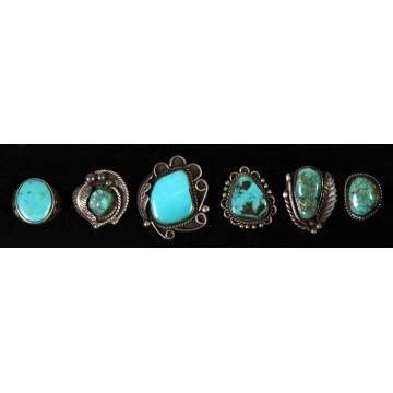 Group of 6 Silver & Turquoise Southwest Rings
