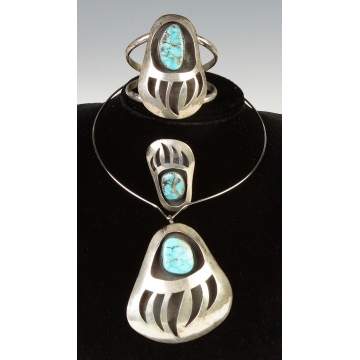 Vintage Native American Silver & Turquoise Bear claw Necklace, Bracelet & Ring