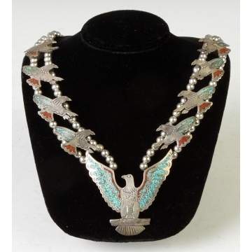 Vintage Native American Silver, Turquoise & Coral Necklace & Matching Ring