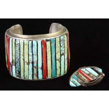 Vintage Native American Silver, Turquoise & Coral Bracelet & Ring