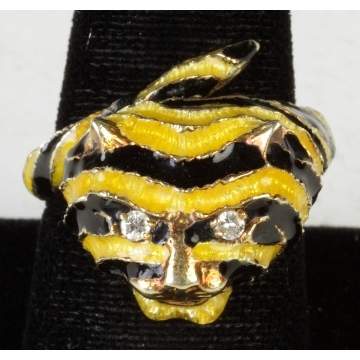 14K Gold Ring w/Enameled Tiger  & Diamond Eyes