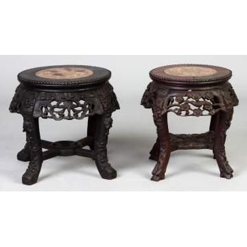 Two Chinese Carved Hardwood Stand w/Marble Tops