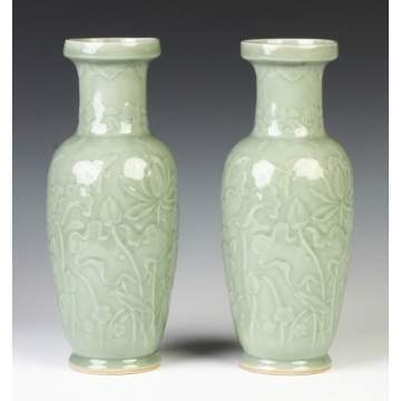 Pair of Chinese Celadon Vases w/Relief Decoration