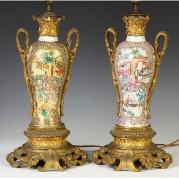 Pair of Chinese Porcelain Lamp Bases w/Bronze Mounts