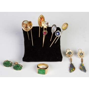 Various Vintage Stick Pins, Jade Ring & Cuff Links, Opal Earrings