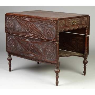 Whimsically Carved Drop Leaf Table w/Drawers