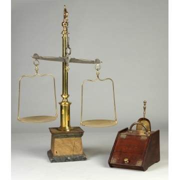 Basillo Perez Valladolio Cast Brass & Wood Apothecary Scales together with Oak & Brass Coal Scuddle