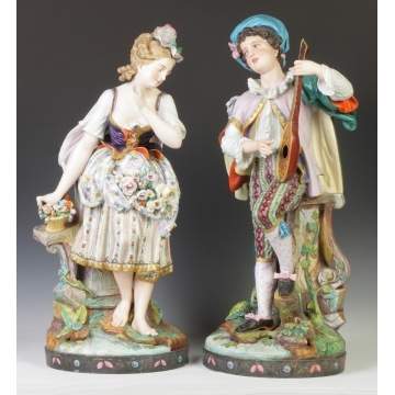 Pair of Large French Hand Painted Bisque Courting Couple
