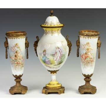 French Sevres Style Hand Painted Porcelain Garnitures & Covered Urn