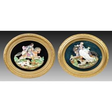 2 Continental Hand Painted Bisque Figural Plaques w/Figures & Dogs