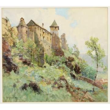 Fritz Lach (Austrian, 1868-1933) "Friesach" Hillside castle