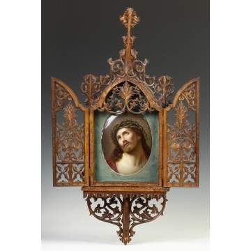 German Painted Porcelain Plaque of Christ in a Gothic Pierce Carved Walnut Frame