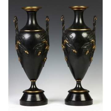 Pair of Aesthetic Victorian Patinated Bronze Urns on Slate Bases