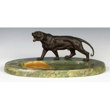 Patinaed Bronze Lion & Onyx Desk Piece