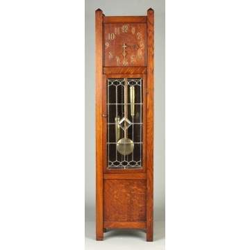 Waterbury Quarter Sawn Oak Arts & Crafts Hall Clock with Leaded glass Door