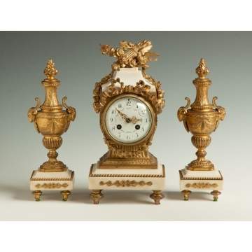 French Gilded Metal & Marble 3 Piece Clock Set