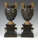 Pair of Classical Bronze & Gilt Bronze Urns on Marble Bases