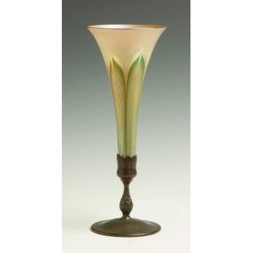 Tiffany Pulled Feather Trumpet Vase with Bronze Base