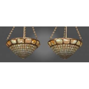 Pair of Unusual Tiffany Studios NY Turtleback Leaded Glass Hanging Domes