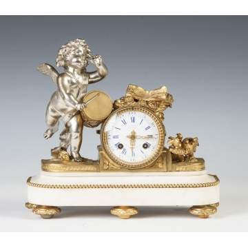 French Gilt Bronze, Patinaed Metal & Marble Mantle Clock