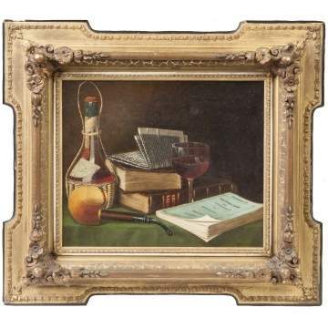 Maurice A. Waas (Pennsylvania, 1843-1927) Still Life with wine glass, pipe & books
