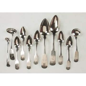 Group of Coin Silver Teaspoons, Serving Spoons & Ladles