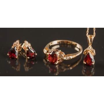Gold, Garnet & Diamond Earrings, Ring & Pendant