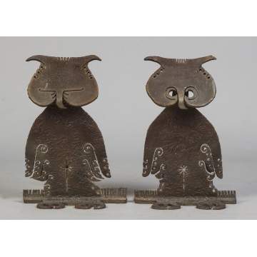 Albert Leon Wilson (Rochester, NY, 1920-1999) Sculpted Steel Andirons with Stylized Owls