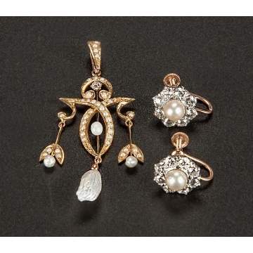14K Gold, Diamond & Pearl Pendant & Clip Earrings