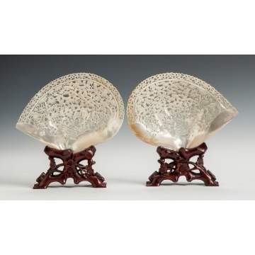 Carved Chinese Mother of Pearl Fan Form Plaques 