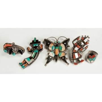 5 Pieces of Vintage Zuni, Turquoise, Coral, Mother of Pearl & Silver Jewlery