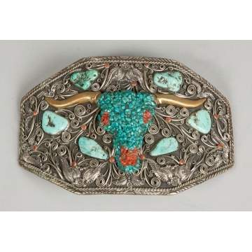 Vintage Navajo Silver, Encrusted Turquoise & Coral Buckle