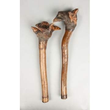 Two Penobscot Carved Bird Head Clubs 