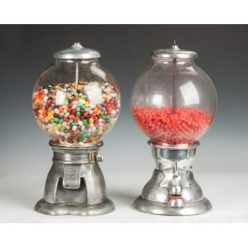 Two Vintage Brushed Aluminum One Cent Gumball Machines