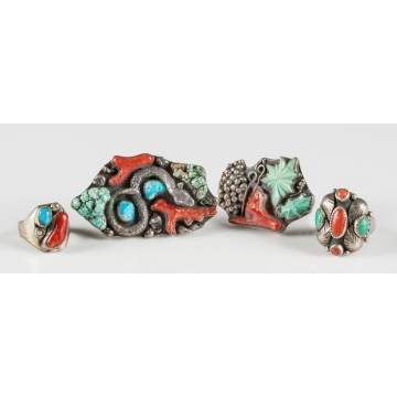 Four Vintage Navajo Silver, Turquoise & Coral Rings