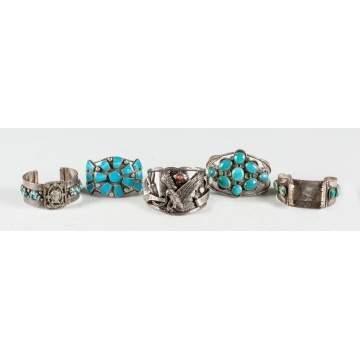 Five Vintage Navajo Silver & Turquoise Bracelets 