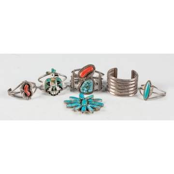 Five Vintage Navajo Silver, Turquoise & Coral Bracelets & One Pin
