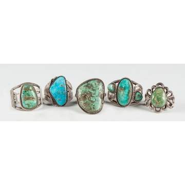 Five Vintage Navajo Silver & Turquoise  Bracelets 