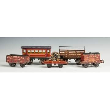 Five Various German Painted Tin & Wood Train Cars