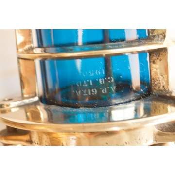 Two Vintage British Convy Brass Ship's Lights with Blue Globes