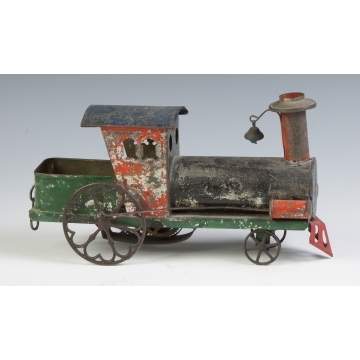 Painted Tin Clock Work Locomotive with Attached Tender, "Eagle"