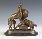 Bronze Sculpture of two dogs fighting over a hat