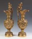 Pair of Gilt Bronze Ewers with Cherubs & Rams Heads