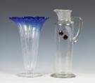 Steuben Blue & Clear Grotesque Vase & Martini Pitcher with Applied Cherries & Etched Design