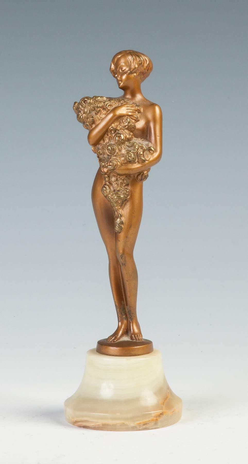Josef Lorenzl Austrian Bronze Sculpture Of A Nude Girl Holding Flowers On An Onyx