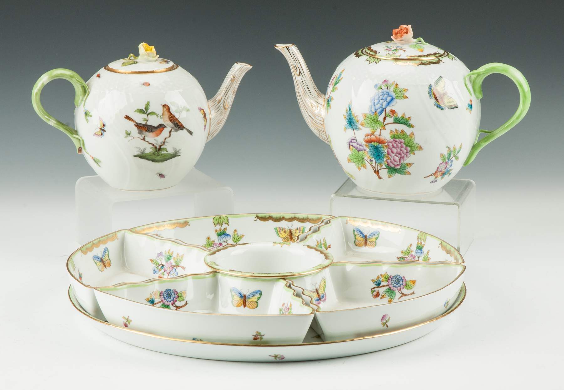 Herend Hand Painted Porcelain -Two Teapots & Lazy Susan | Cottone