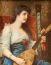 German Painting on Porcelain of Young Lady with Mandolin