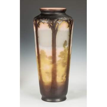 Monumental Galle Fire Polished Cameo Vase with Lake Scene & Trees