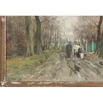 Charles Paul Gruppe  (American, 1860-1940) Man with cow on path