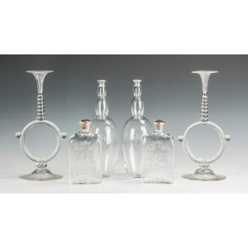Pair of Glass Candlesticks, Engraved Crystal Decanters &  Orrefors Glass Decanters